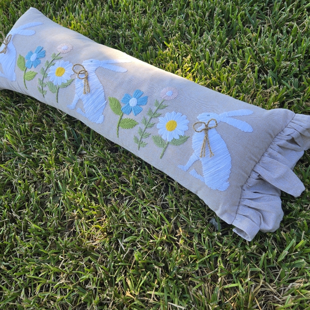 Embroidered Easter Bunny Pillow long lumbar style pillow Spring Accent Pillow - Picture 2 of 10